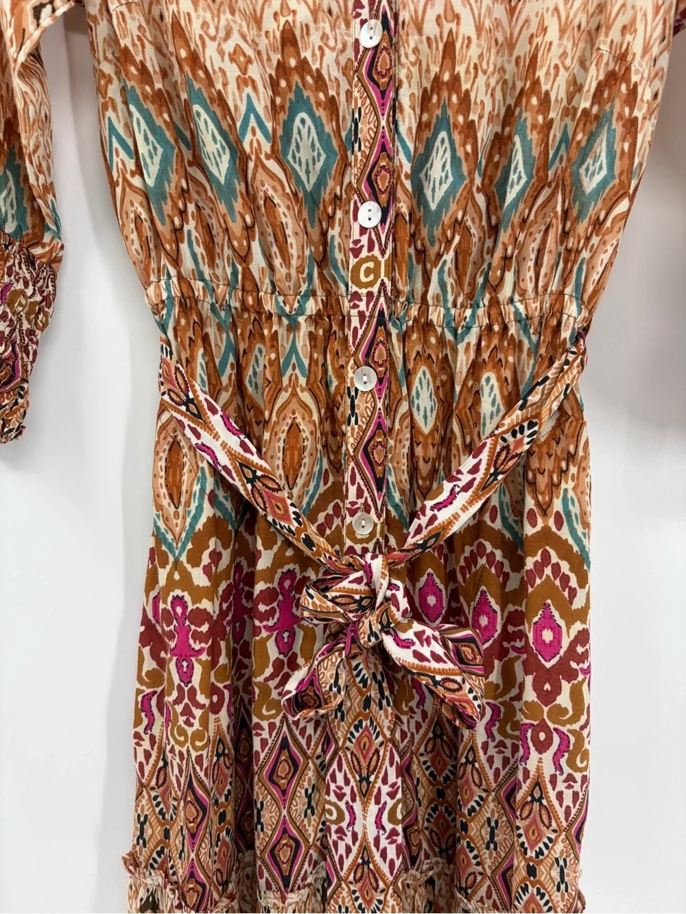 Ruby Yaya Boho Ikat Print Midi Shirt Dress Pink Orange Tiered Belted Festival xs